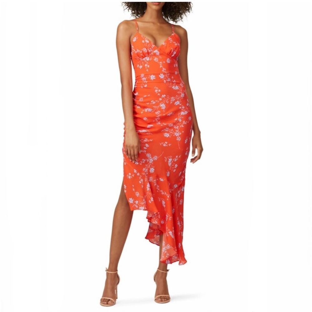 Nicholas Triangle Asymmetrical Silk Midi Slip Dress 14 Orange Floral High Low